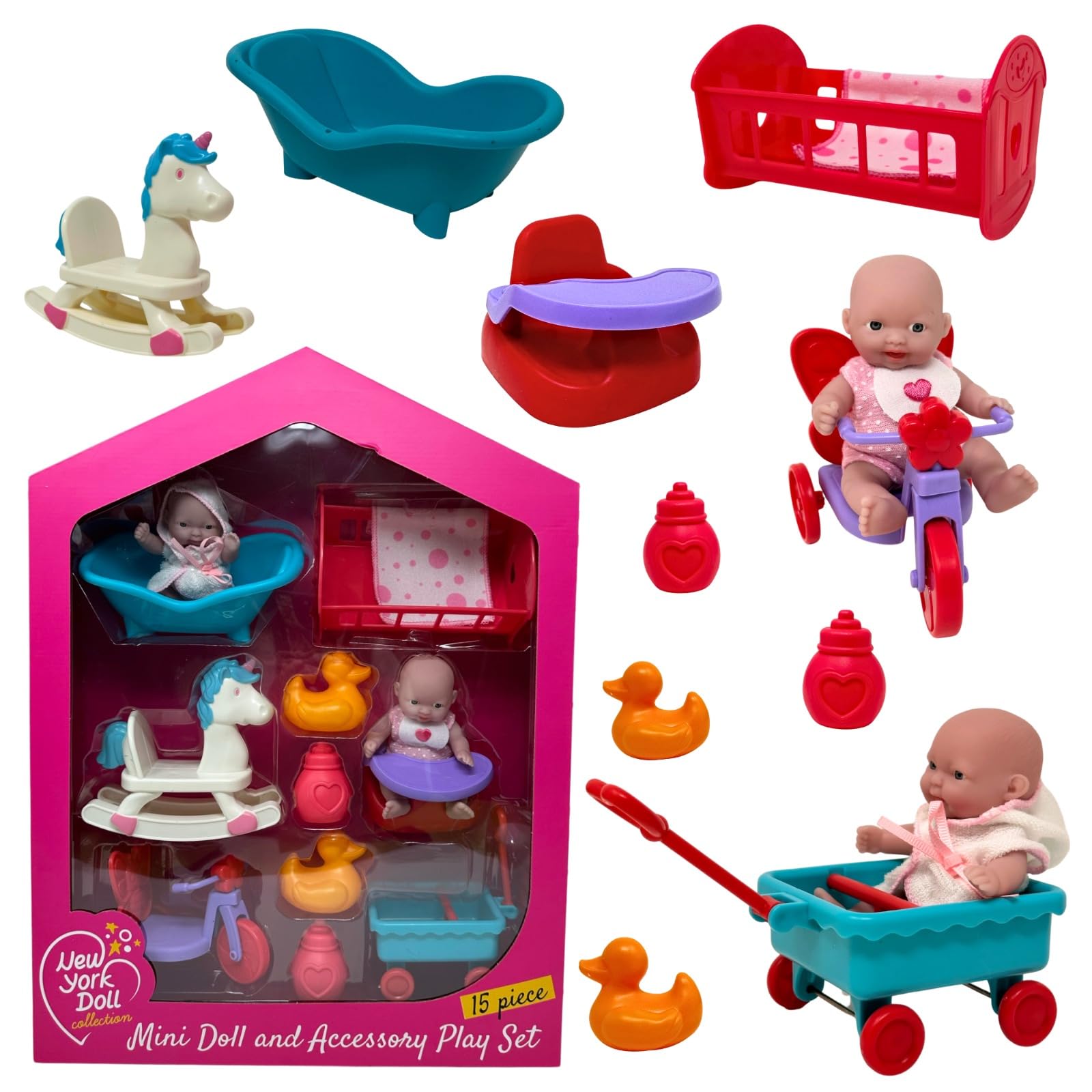 The New York Doll Collection mini baby doll set in a bath scene for imaginative play.