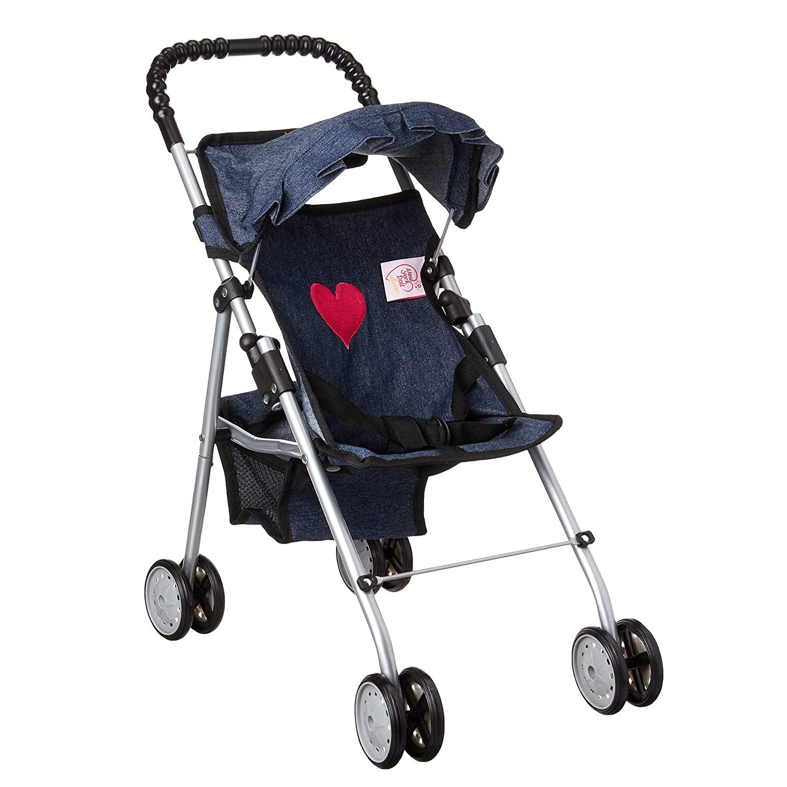 The New York Doll Collection My First Doll Stroller Denim hood view showing shade and cover