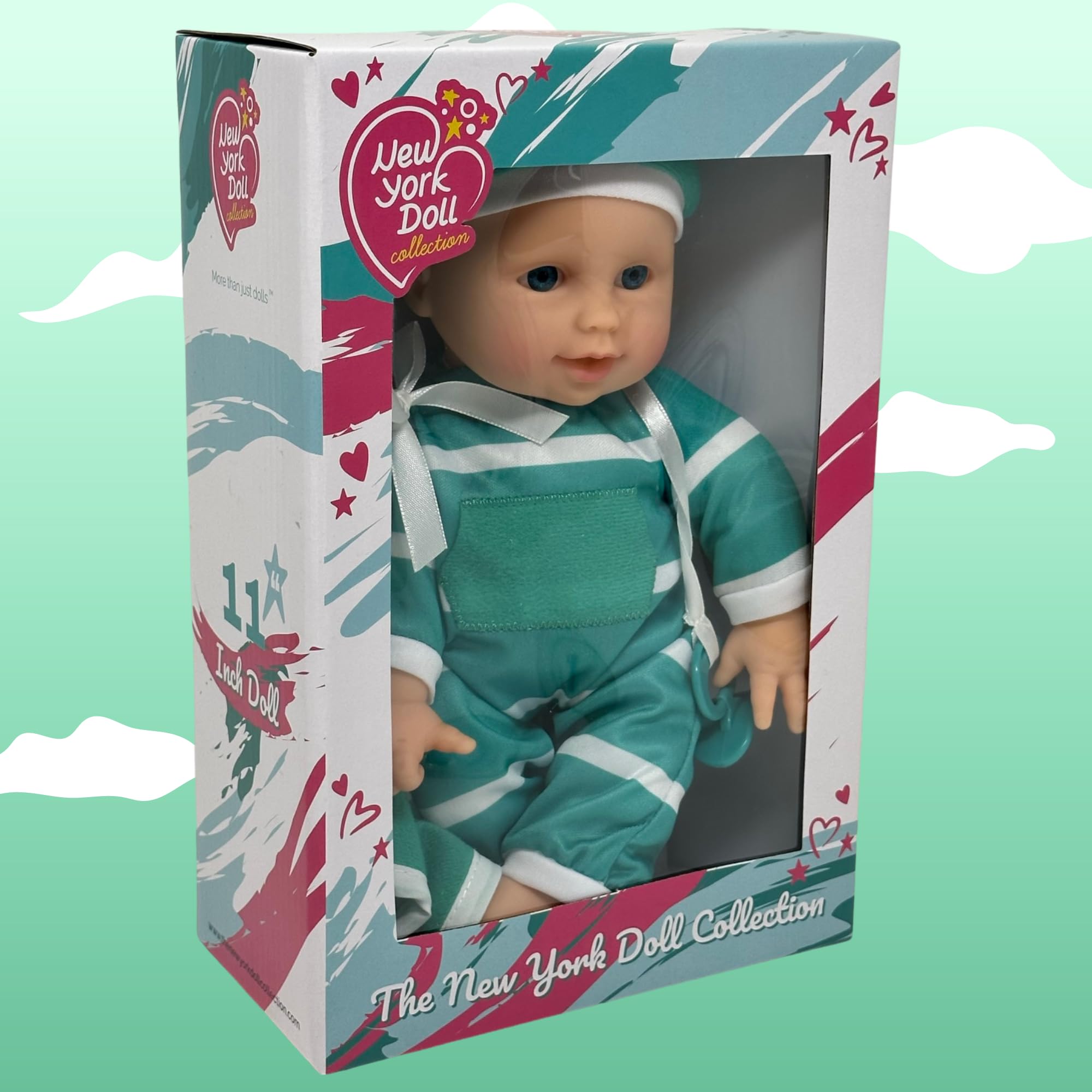 The New York Doll Collection polka-striped onesie and hat on doll for dress-up and pretend play