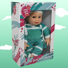 The New York Doll Collection polka-striped onesie and hat on doll for dress-up and pretend play