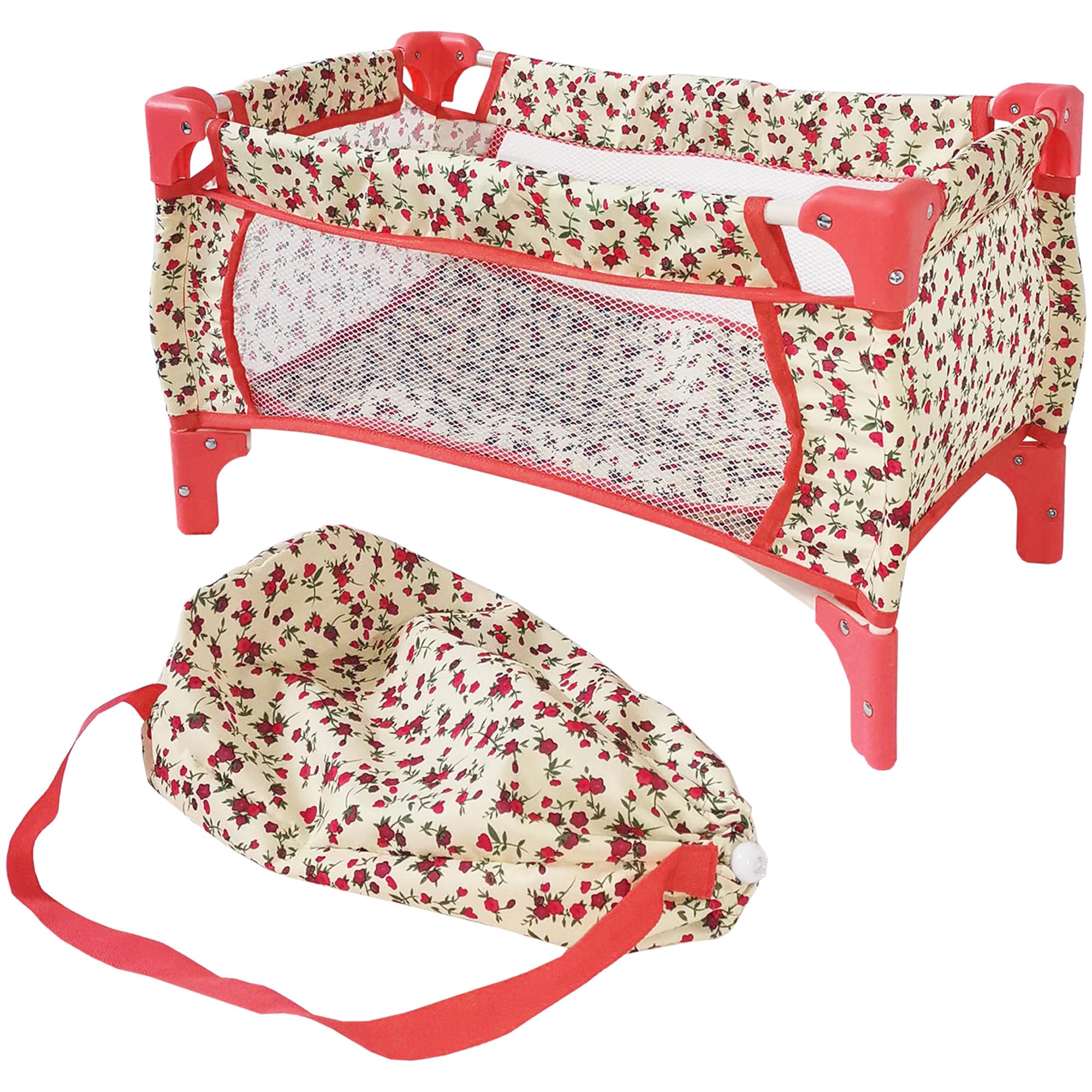 The New York Doll Collection Pack N' Play crib floral design for 18-inch dolls.
