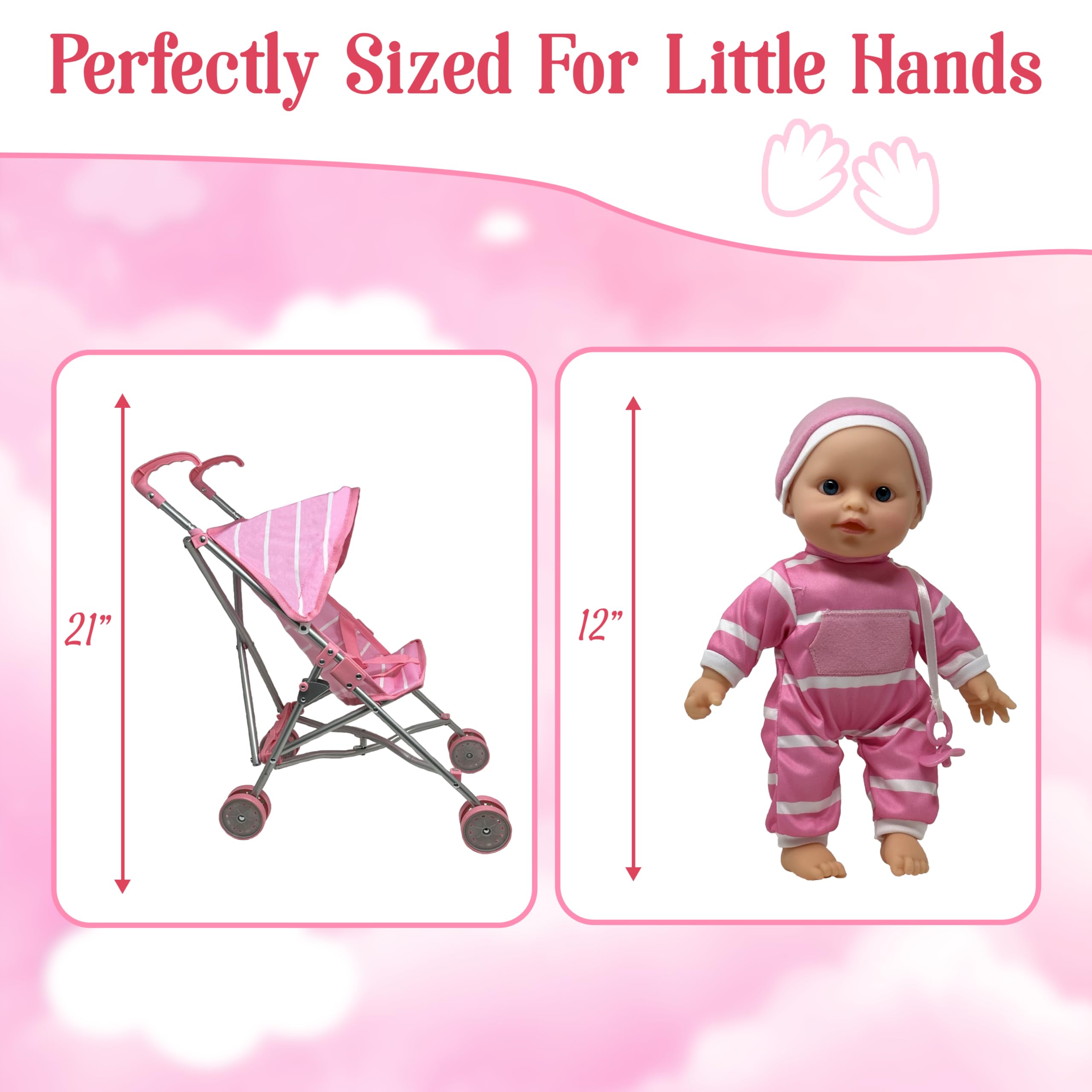 The New York Doll Collection pink fabric doll stroller showcases coordinated attire for play.