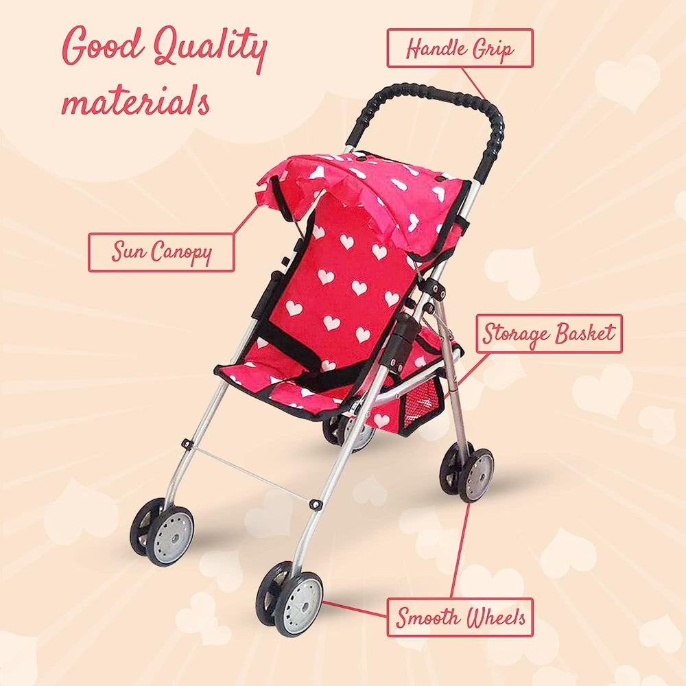 The New York Doll Collection pink heart stroller with basket holds accessories for playtime.