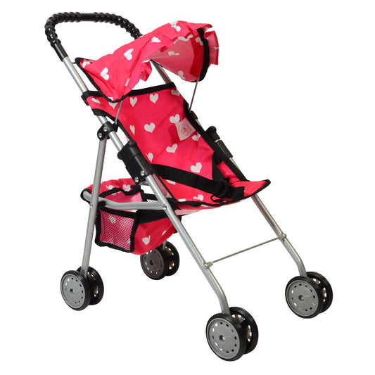 The New York Doll Collection pink heart stroller with hood supports easy on-the-go pretend play.