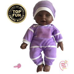 The New York Doll Collection polka striped onesie and matching hat for quick dress-up.