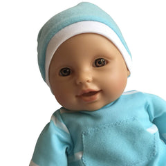 The New York Doll Collection polka-striped onesie and hat, ideal for interactive dress-up play