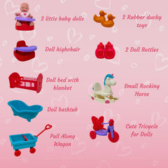 Two 5-inch dolls with interchangeable outfits spark dress-up and nurturing pretend play.