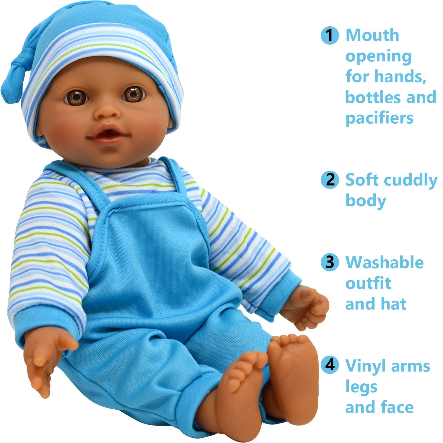 The New York Doll Collection twins in pink and blue outfits invite imaginative dress-up.