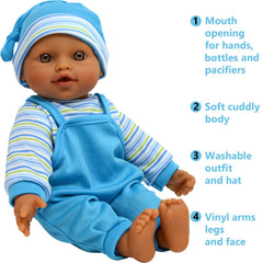 The New York Doll Collection twins in pink and blue outfits invite imaginative dress-up.