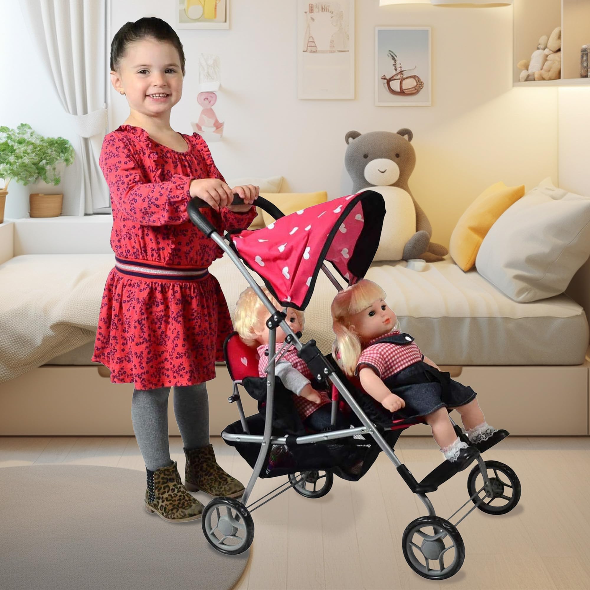 The New York Doll Collection twin stroller for two 18-inch dolls supports imaginative play