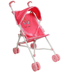 The New York Doll Collection unicorn stroller in pink with canopy for outdoor shade