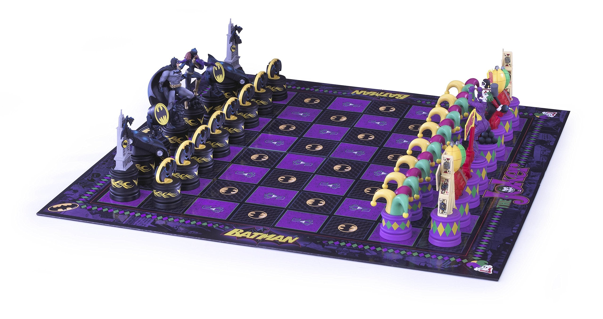 The Noble Collection Batman chess set board pattern in black and purple.