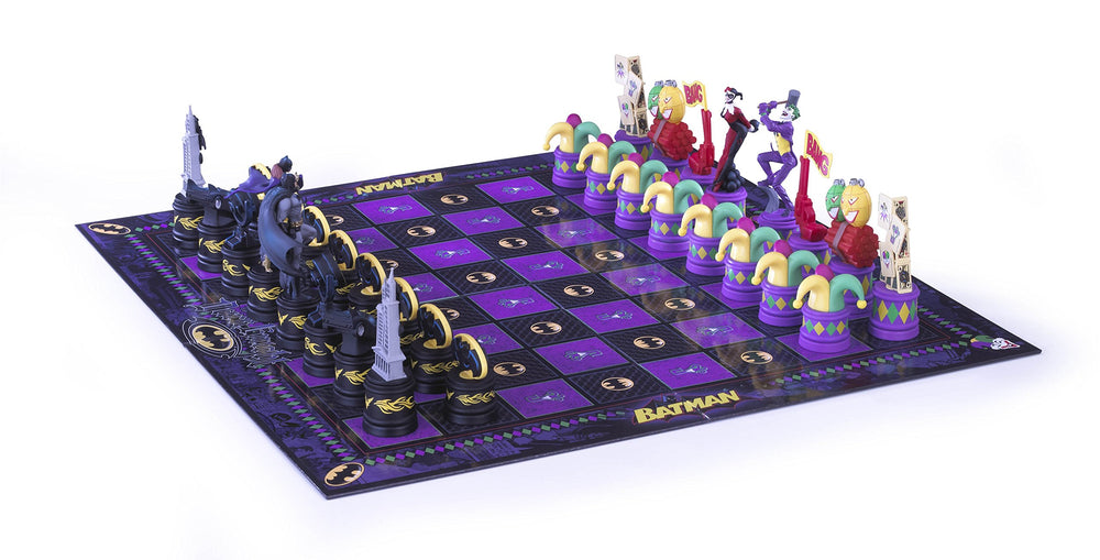 The Noble Collection Batman chess set Joker cards shown for thematic bonuses.