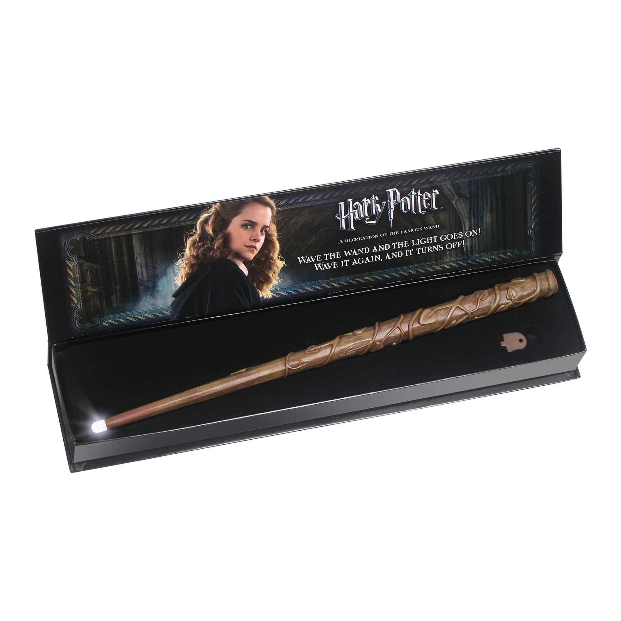 The Noble Collection Hermione Granger Illuminating Wand displayed on a shelf for ambiance