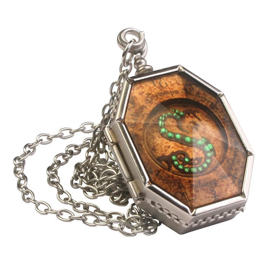 The Noble Collection Horcrux Locket wood display box front view for safe showcasing.
