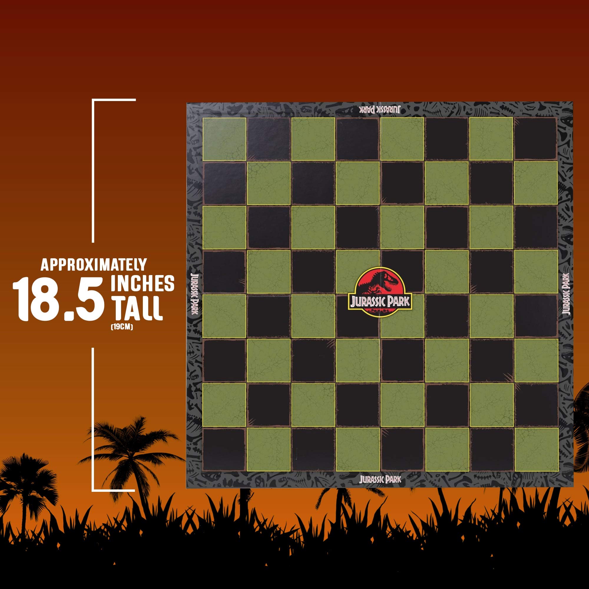 Fossil-themed border around the chessboard enhances Jurassic Park ambience.