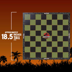 Fossil-themed border around the chessboard enhances Jurassic Park ambience.