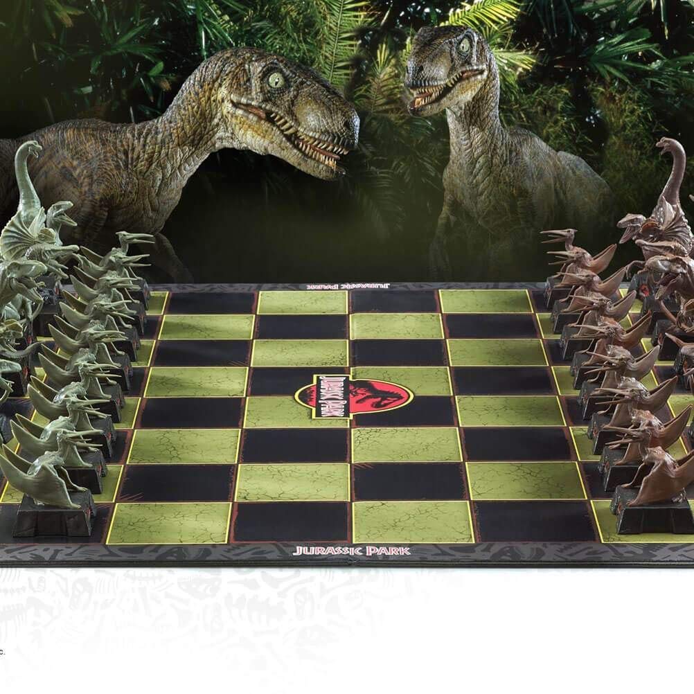 T-Rex chess piece from The Noble Collection Jurassic Park set for dramatic openings.