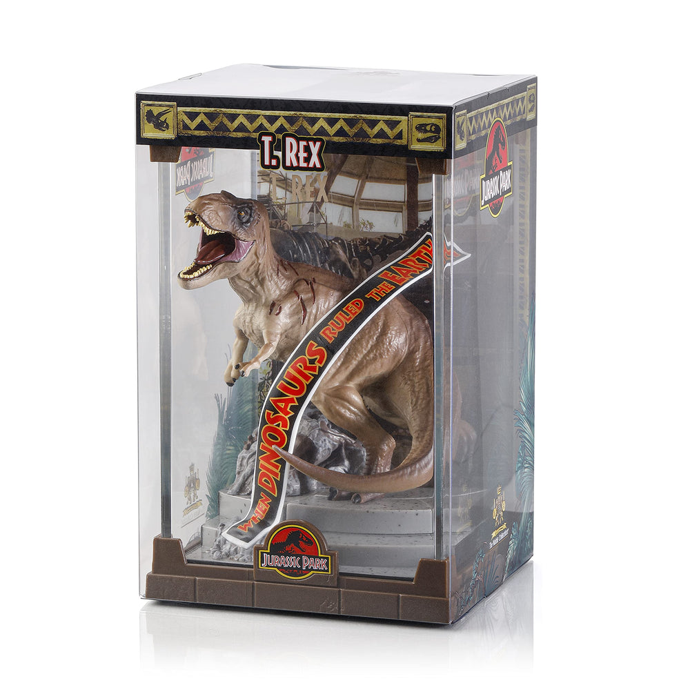 The Noble Collection T-Rex licensed Jurassic Park diorama packaging for authentic presentation.