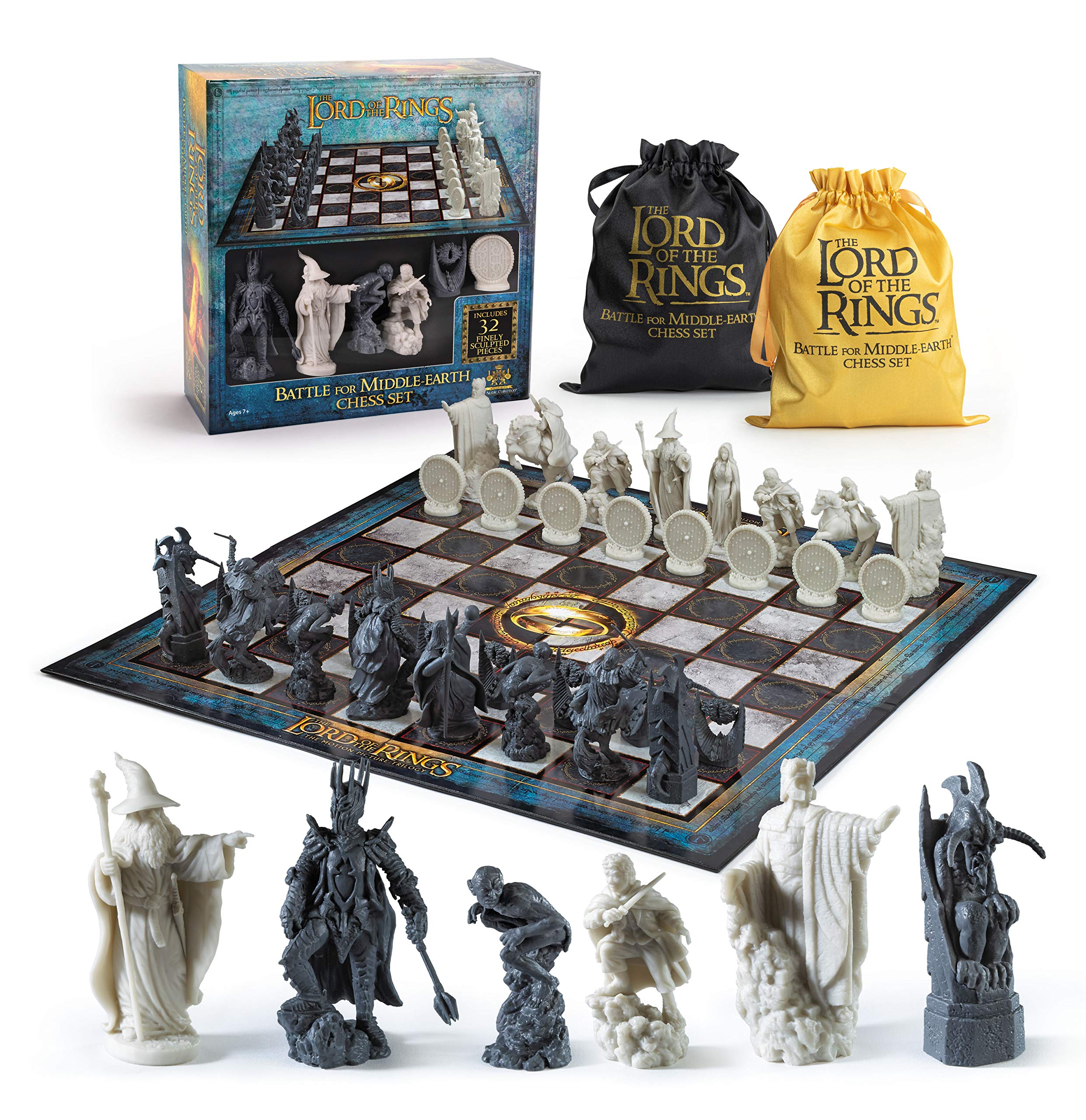 The Noble Collection Lord of the Rings chess board displays vivid Middle-earth artwork for immersive play.