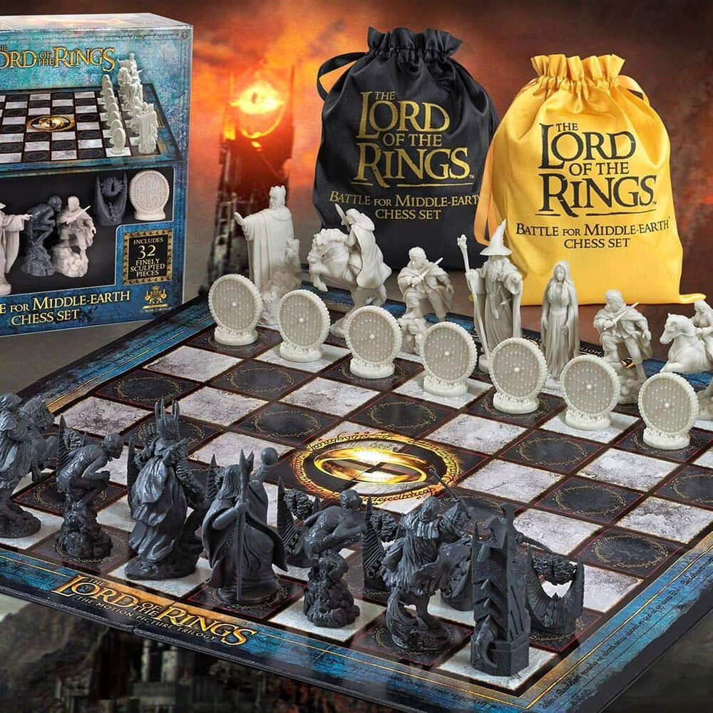 The Noble Collection LOTR chess pieces with Galadriel and Aragorn for dramatic tabletop battles.