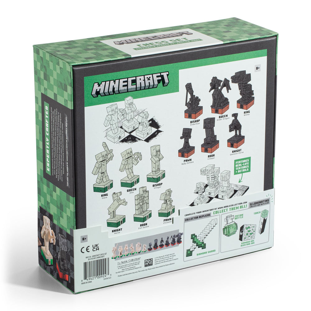 The Noble Collection Minecraft Chess Set wood-like board frame for timeless warmth