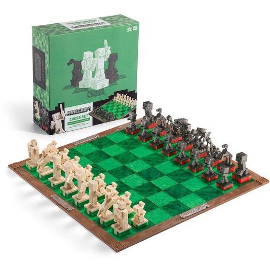 The Noble Collection Minecraft Chess Set pieces in marble stone texture for tactile realism