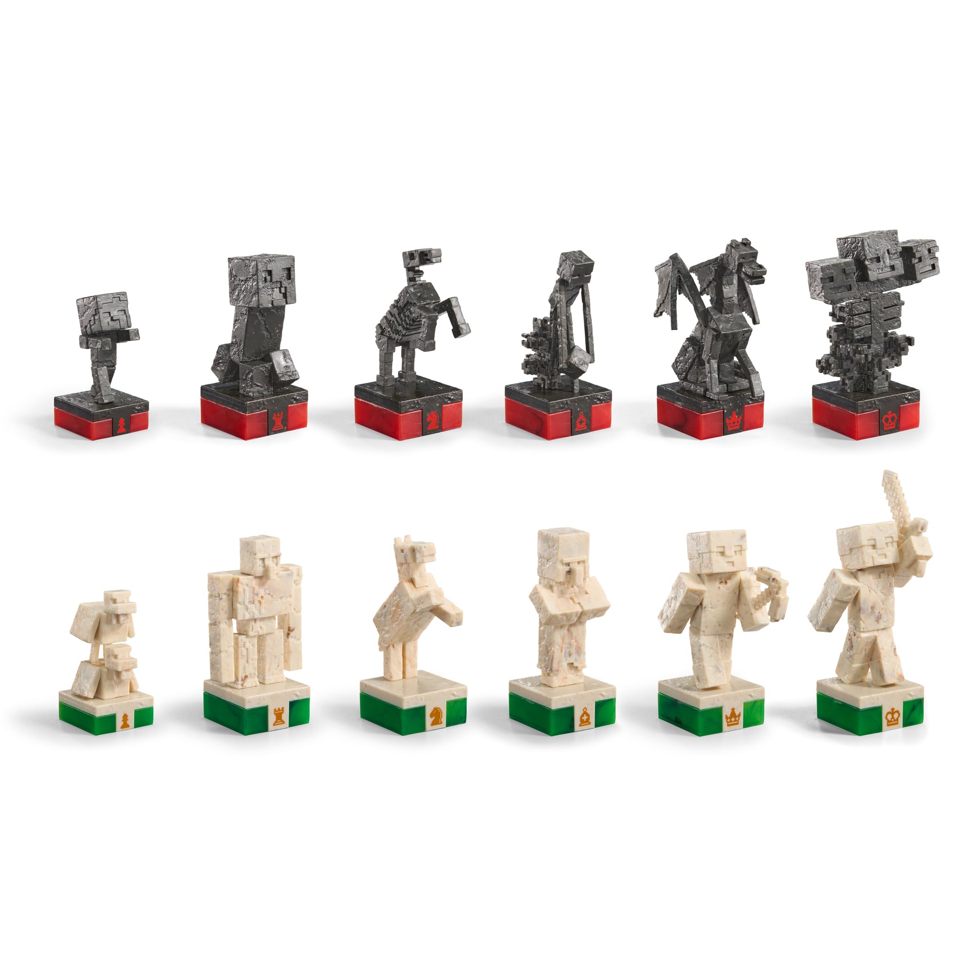 The Noble Collection Minecraft Chess Set pieces in obsidian texture for dramatic contrast