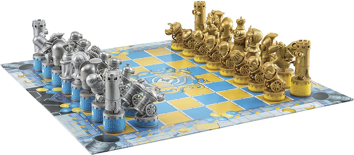 The Noble Collection Minions chess set board showcases blue and yellow pattern for vibrant gameplay