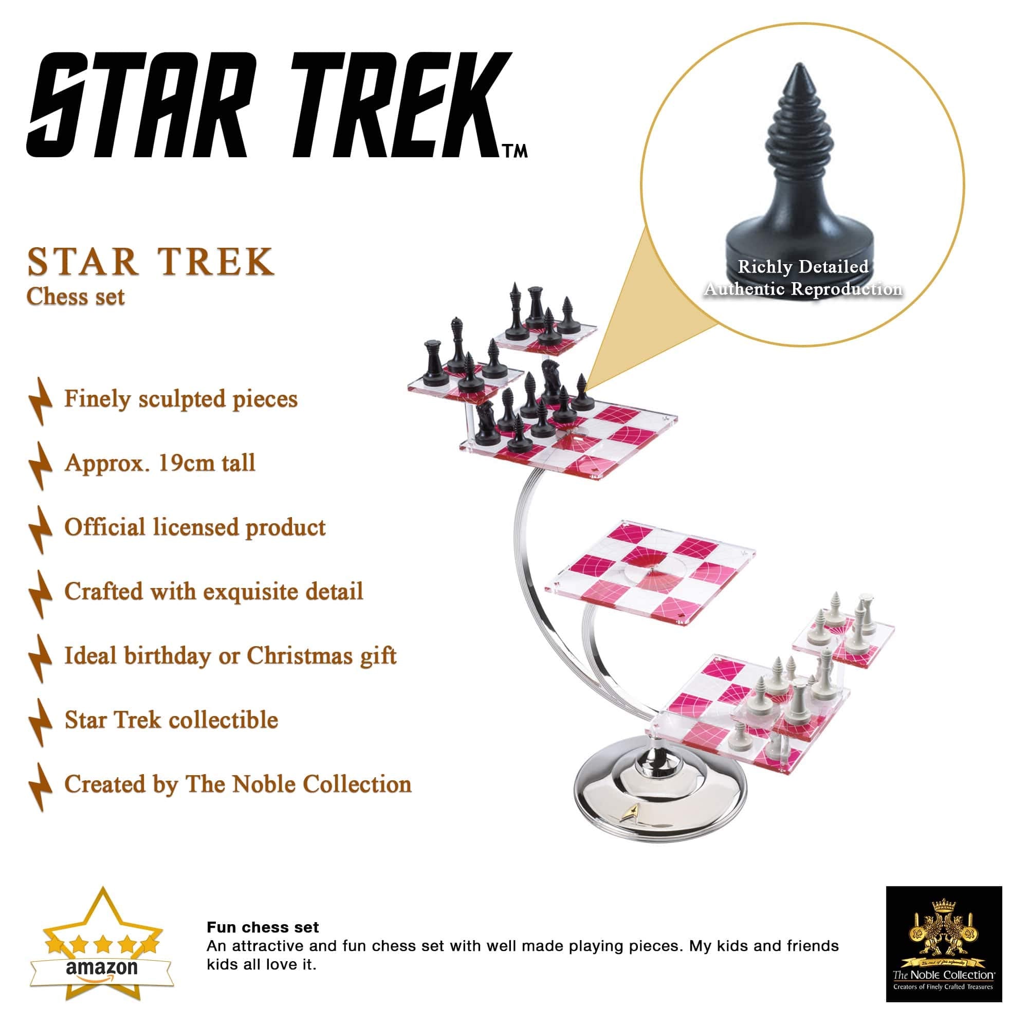 The Noble Collection Star Trek tridimensional chess levels showcase translucent boards across five stacked tiers.