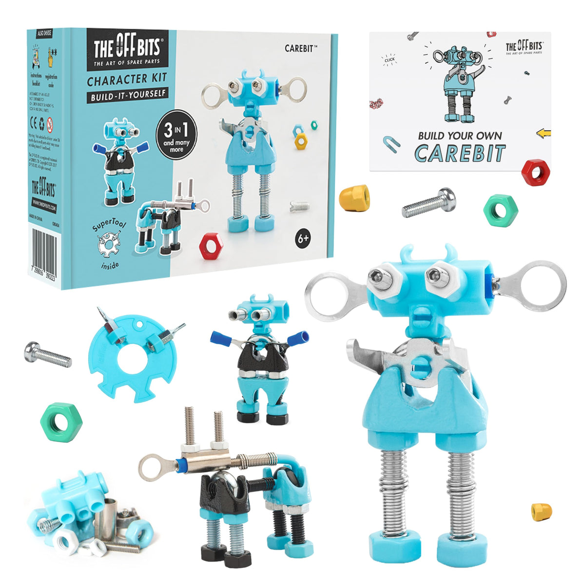 The OFFBITS CareBit robot front view showing modular parts for creative STEM building
