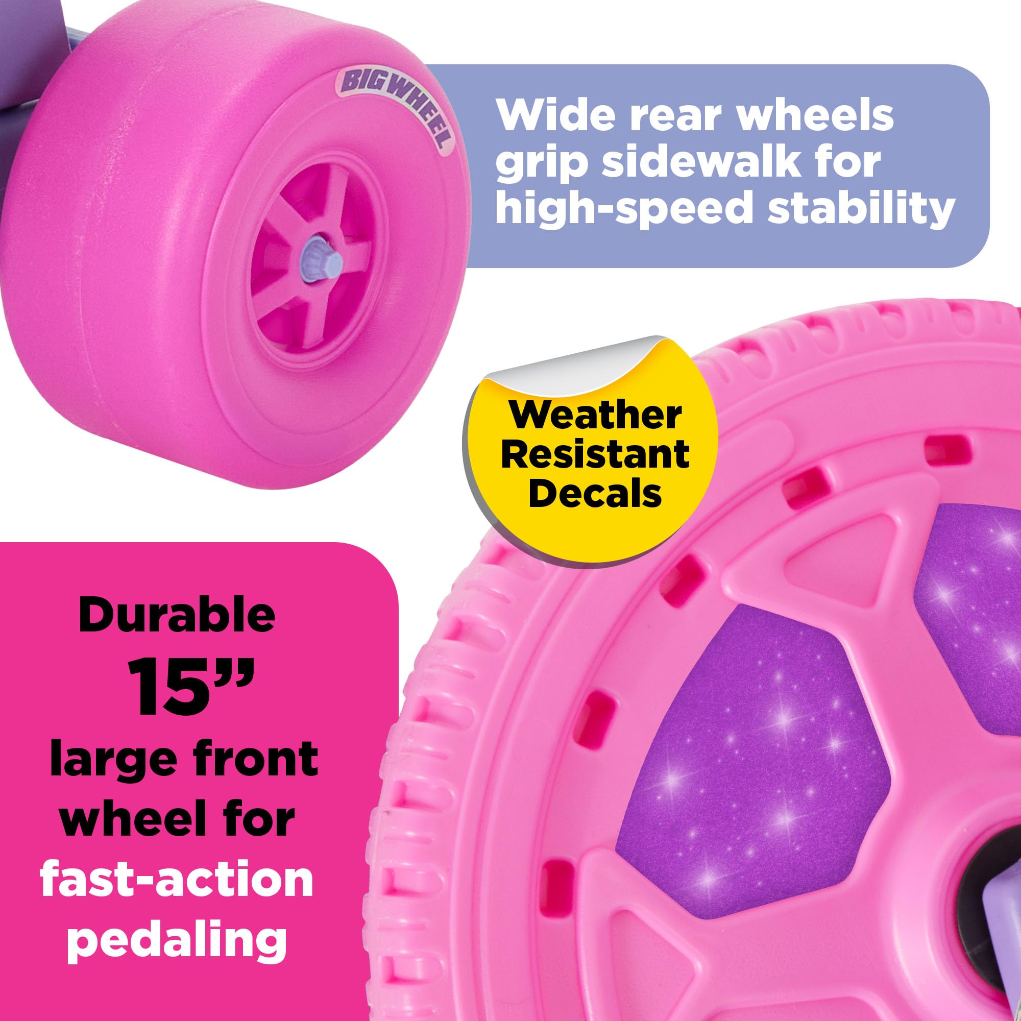 The Original Big Wheel Dreamer weather-resistant decals decorate a vibrant ride.