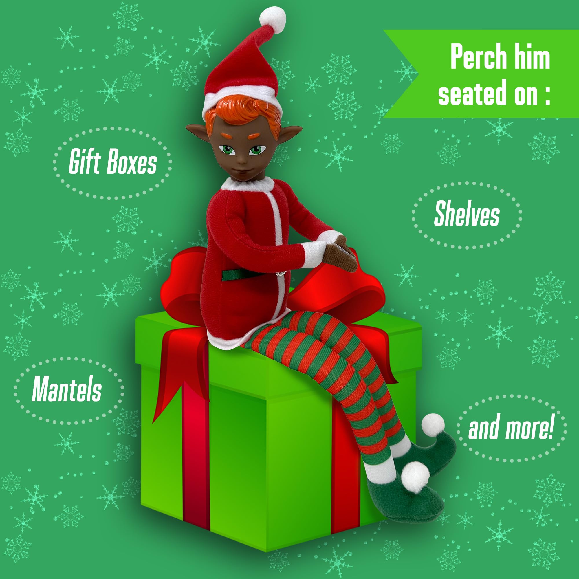 The Original Elf dangling-legs elf toy adds whimsy as a tree topper.