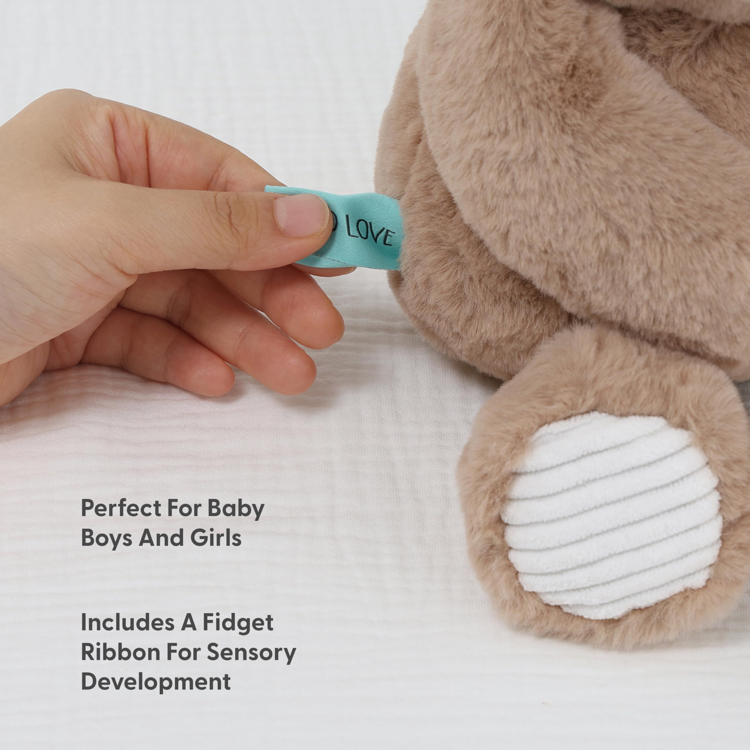 Benny features blue velour accents for extra tactile interest