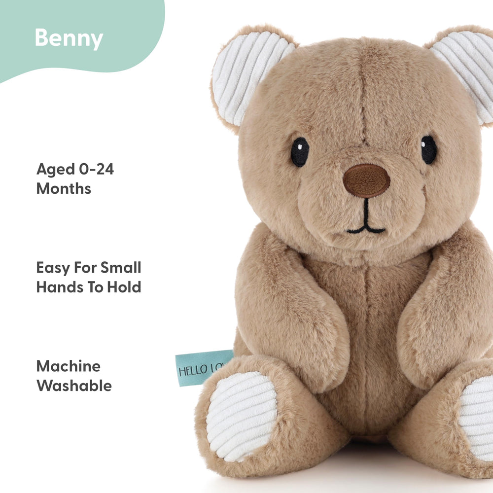 Benny bear sits softly, a friendly cuddle buddy for babies