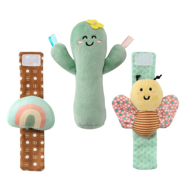The Peanutshell rattles feature neutral boho colors to engage senses.