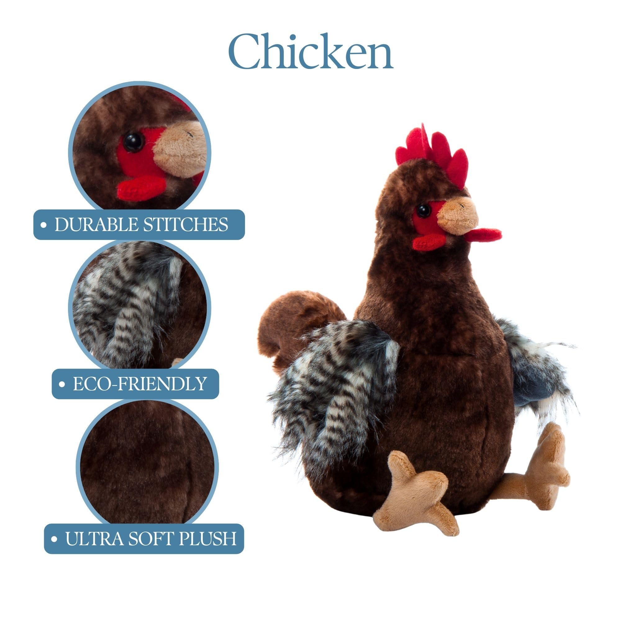 The Petting Zoo chicken plush with brown, red, and black accents for lifelike charm.