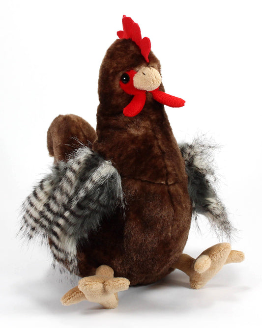 The Petting Zoo chicken plush close-up shows realistic texture.