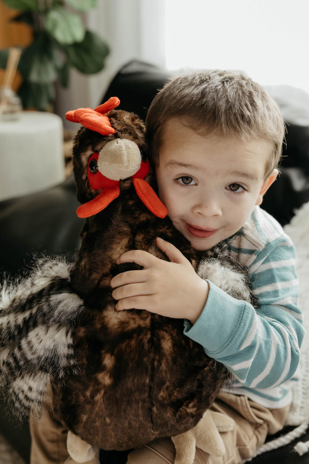 The Petting Zoo chicken plush on shelf adds color to playroom.