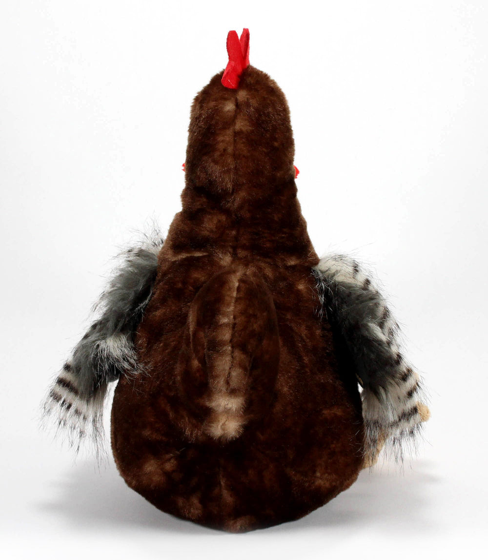 The Petting Zoo chicken plush shows durable stitching details.