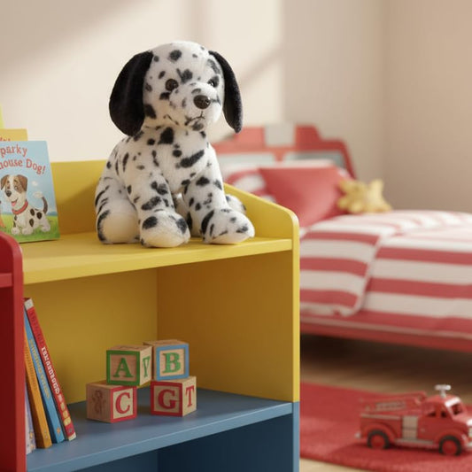 The Petting Zoo Dalmatian plush with spotted pattern invites storytelling and cuddly bonding.
