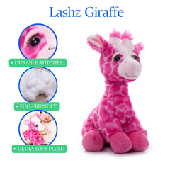 The Petting Zoo pink giraffe with fluffy lashes sparks storytelling moments.