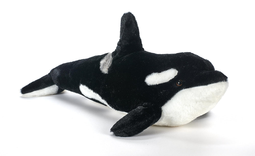 The Petting Zoo Orca plush face shows bold black-and-white pattern for imaginative play.