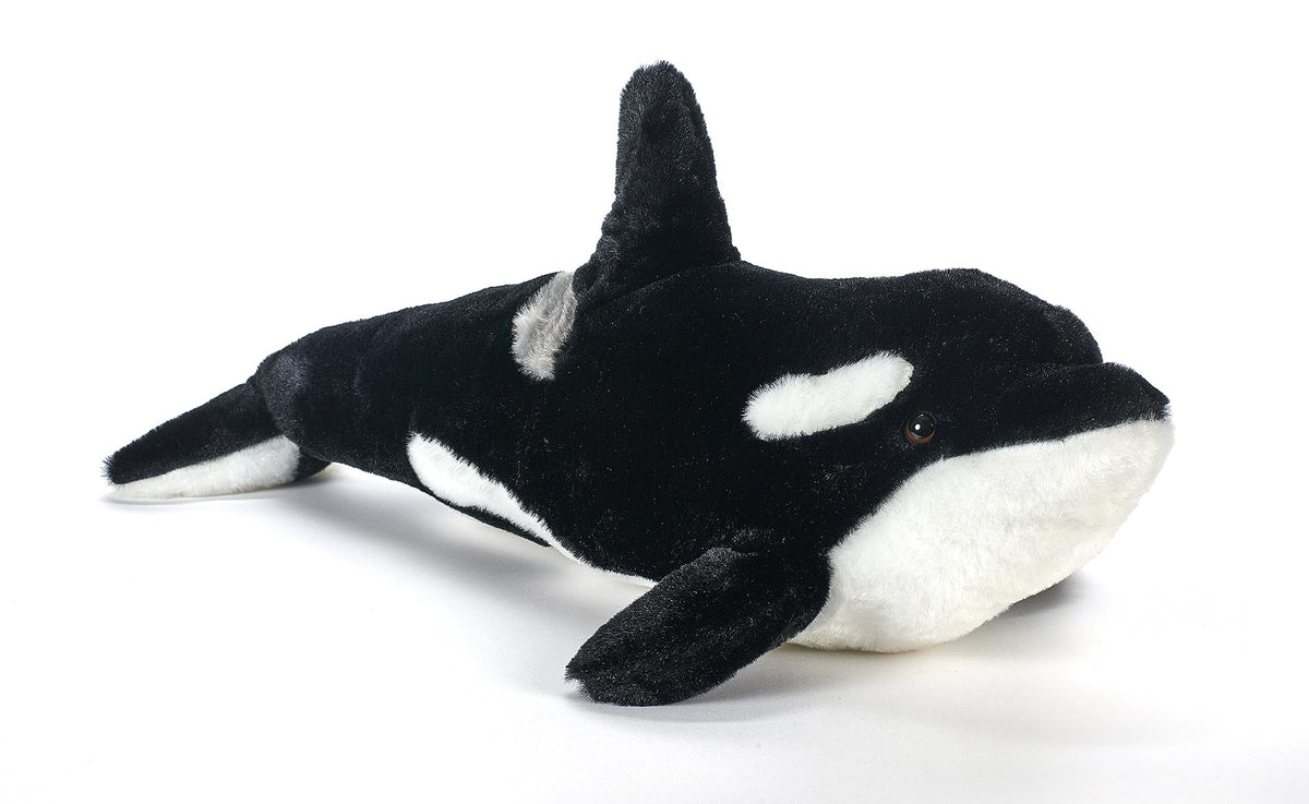The Petting Zoo Orca plush face shows bold black-and-white pattern for imaginative play.