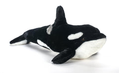 The Petting Zoo Orca plush face shows bold black-and-white pattern for imaginative play.