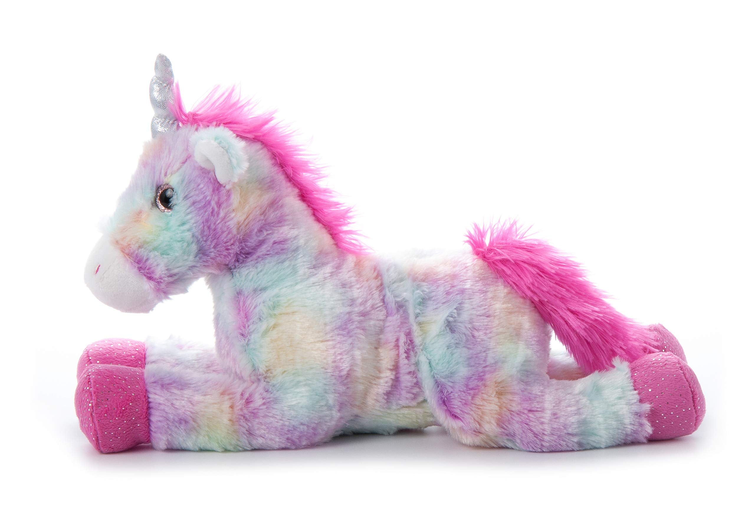 The Petting Zoo pastel tie-dye unicorn 13-inch pink mane invites gentle cuddles.