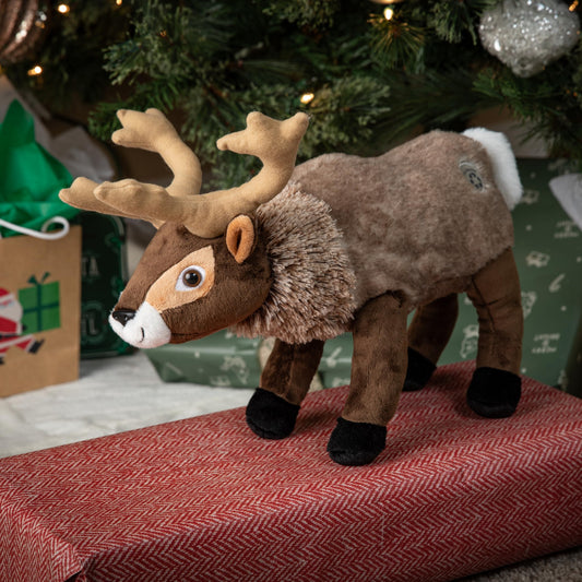 The Petting Zoo reindeer plush with a wide smile for storytelling fun.