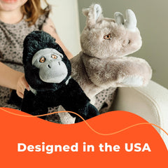 A playtime scene with The Petting Zoo silverback gorilla plush inspiring wildlife adventures