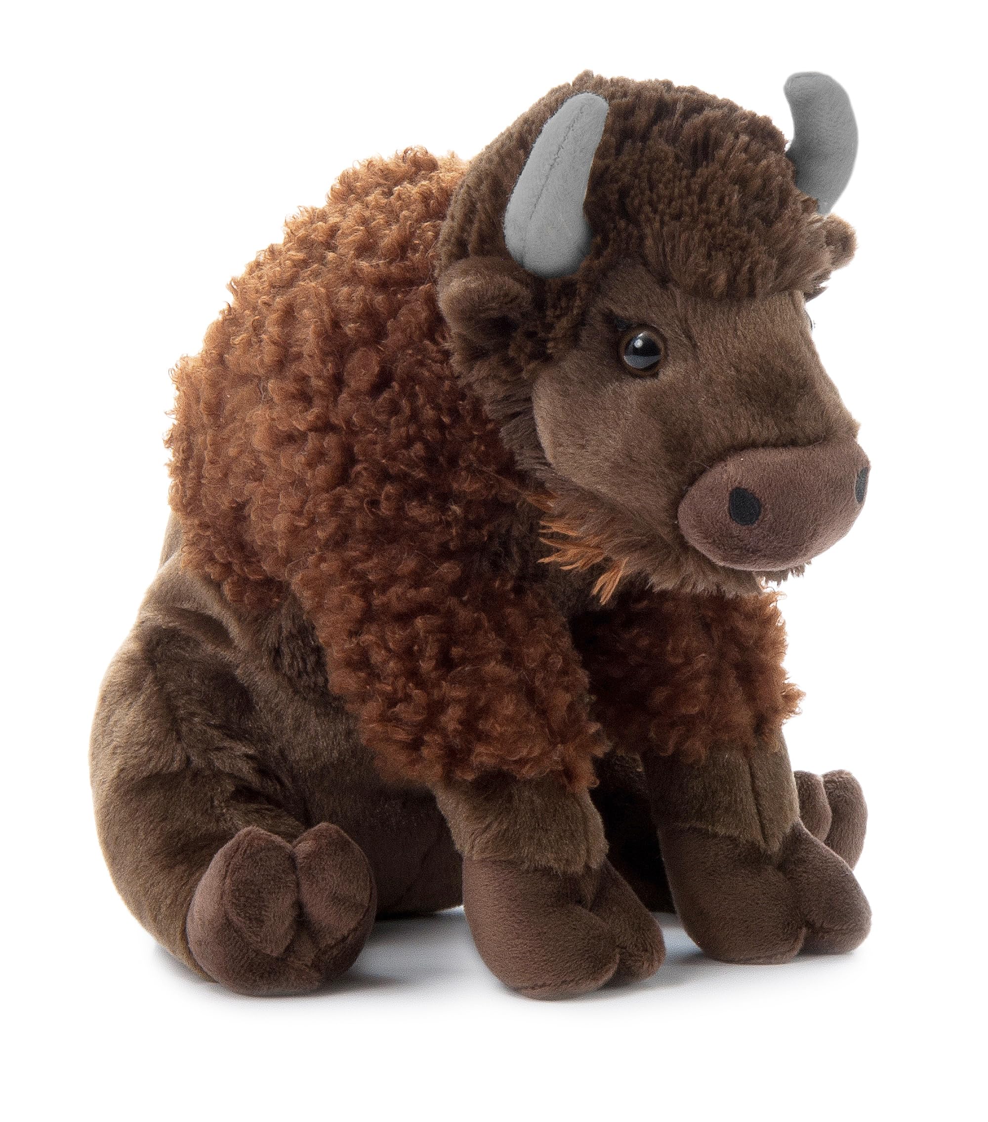 The Petting Zoo Sitting Bison plush 12-inch face close-up shows soft, kid-friendly fabric.