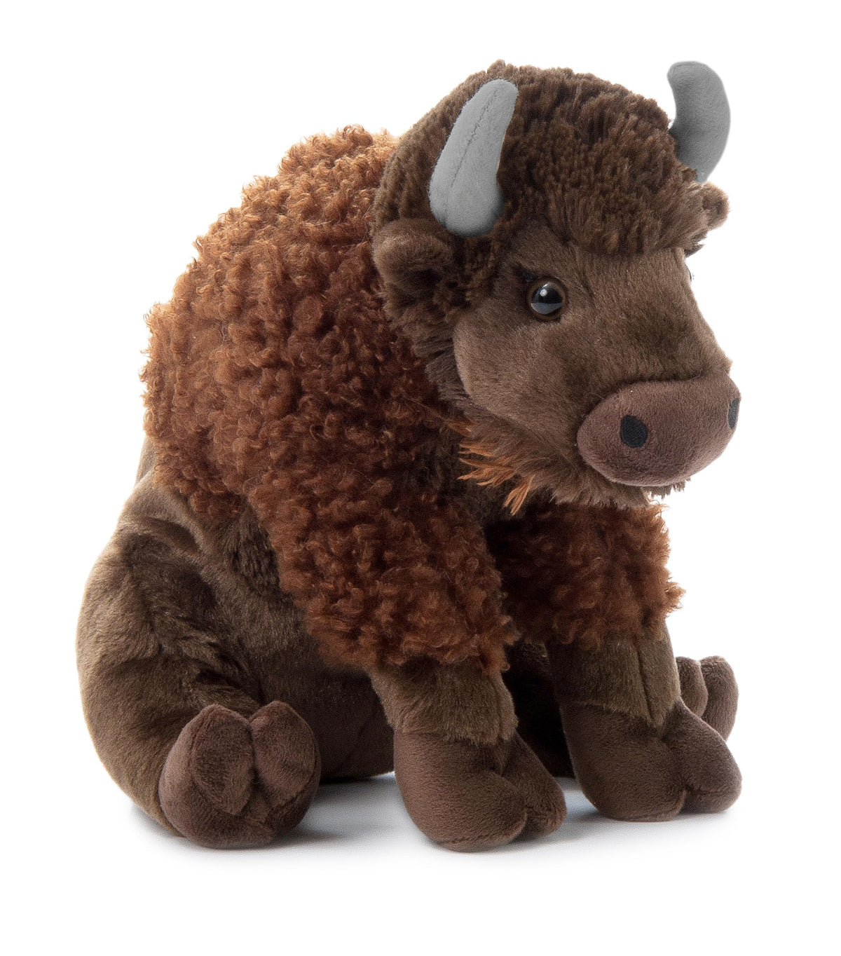 The Petting Zoo Sitting Bison plush 12-inch face close-up shows soft, kid-friendly fabric.